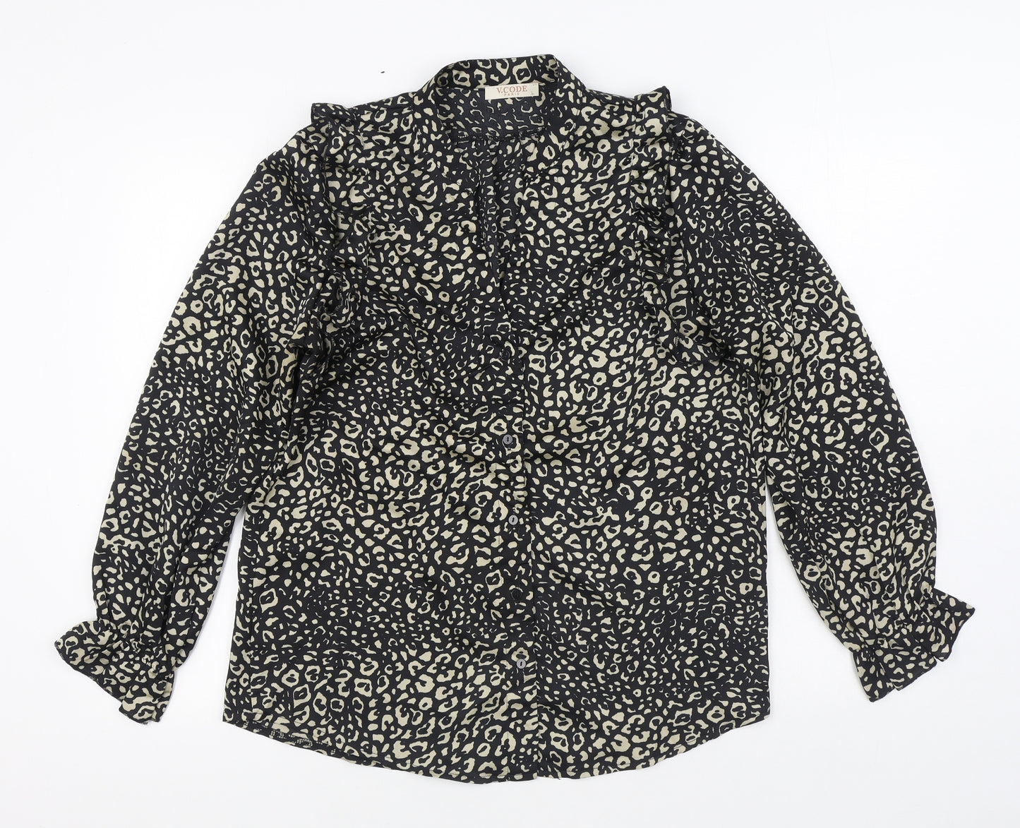 V.Code Womens Black Animal Print Polyester Basic Blouse Size L V-Neck