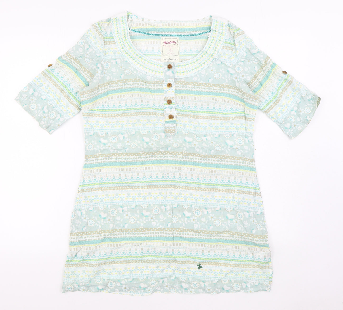 Mantaray Womens Green Geometric 100% Cotton Basic Blouse Size 12 Boat Neck