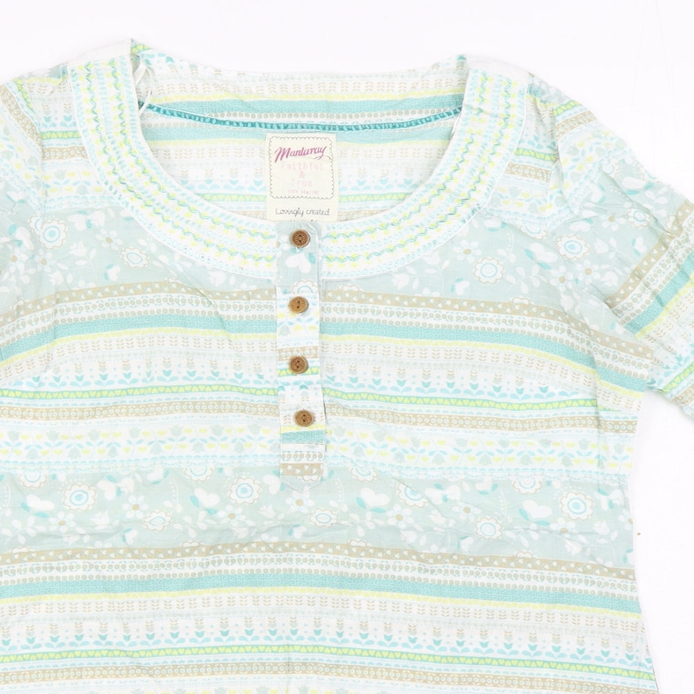 Mantaray Womens Green Geometric 100% Cotton Basic Blouse Size 12 Boat Neck