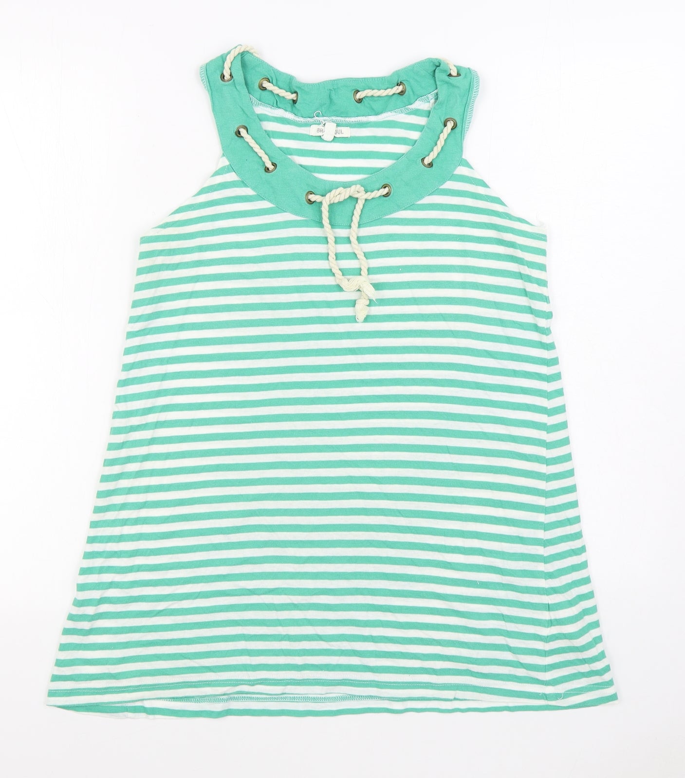 Brave Soul Womens Green Striped 100% Cotton Basic Tank Size S Round Neck