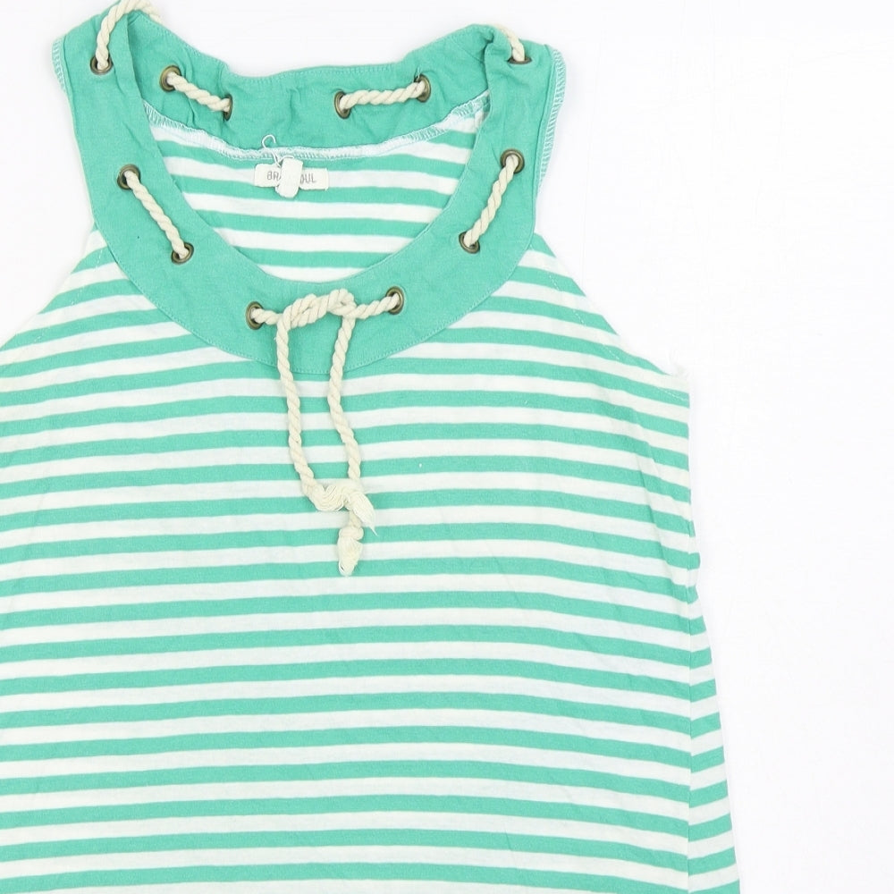 Brave Soul Womens Green Striped 100% Cotton Basic Tank Size S Round Neck