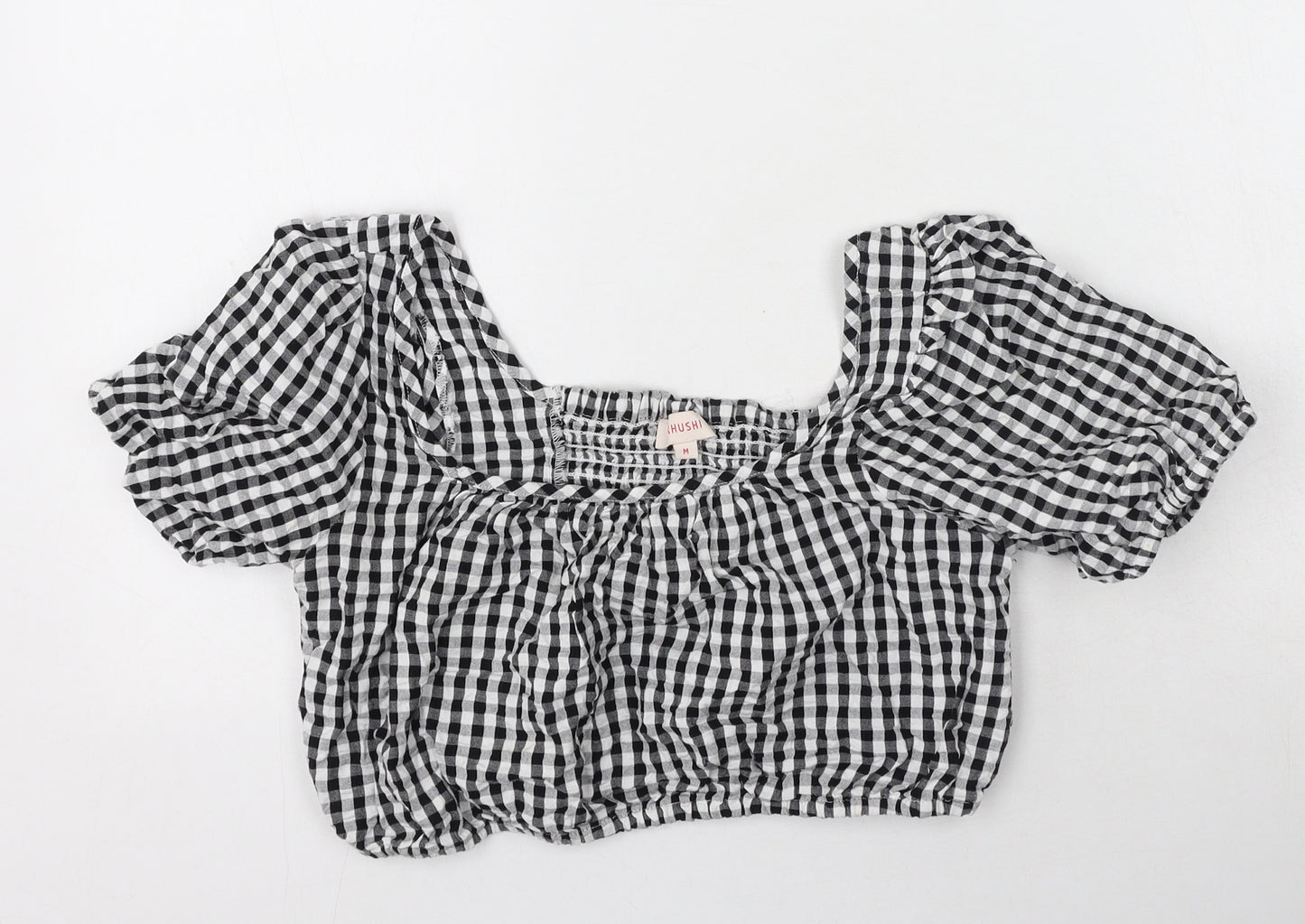 khushi Womens Black Check Cotton Cropped T-Shirt Size M Off the Shoulder