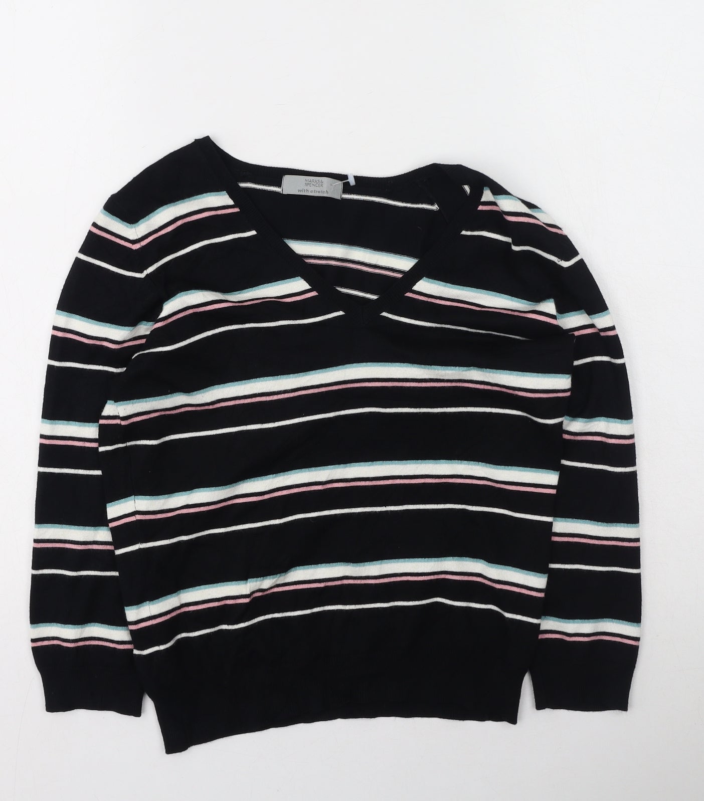 Marks and Spencer Womens Multicoloured V-Neck Striped Viscose Pullover Jumper Size 14