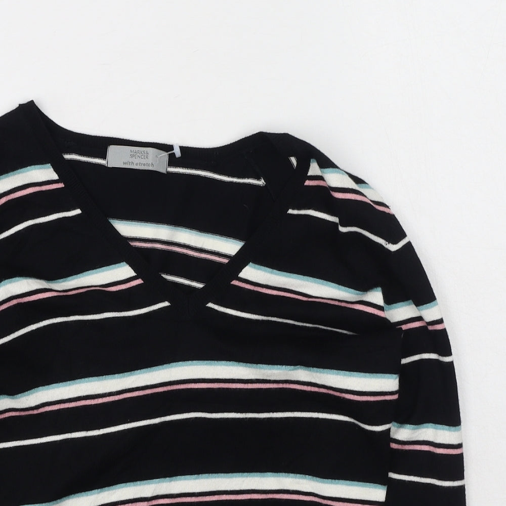 Marks and Spencer Womens Multicoloured V-Neck Striped Viscose Pullover Jumper Size 14