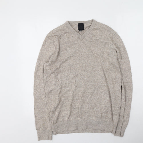 H&M Mens Beige V-Neck  Cotton Pullover Jumper Size M