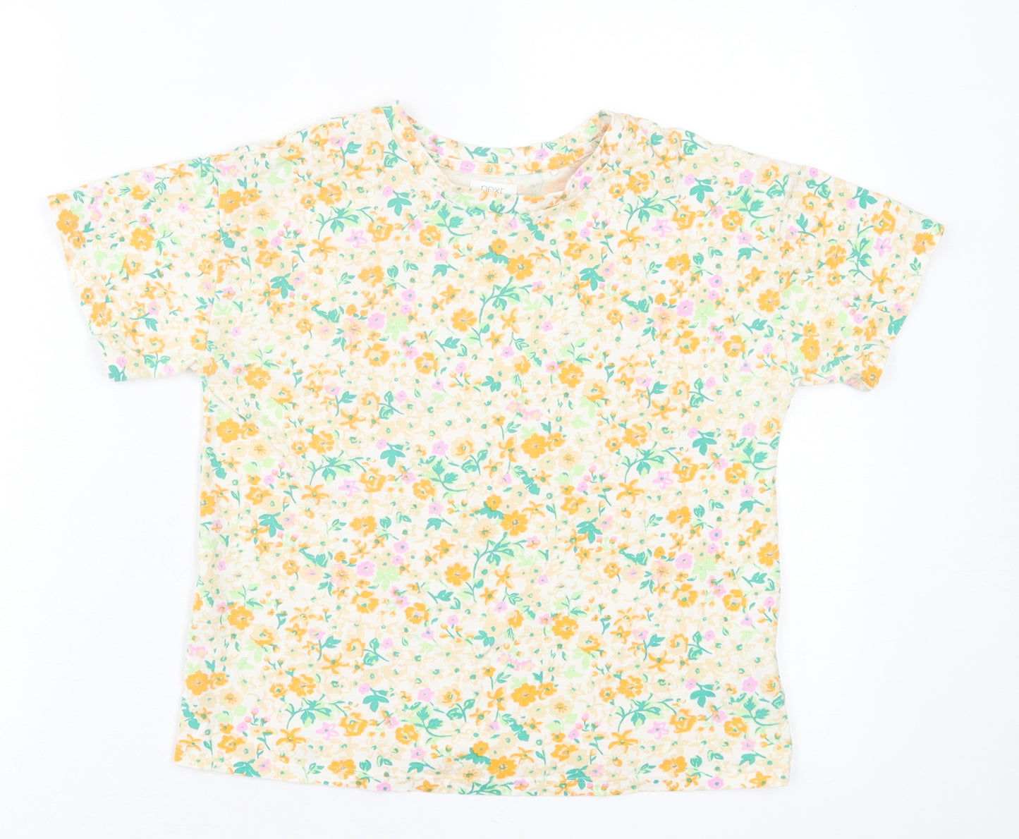 NEXT Girls Orange Floral Cotton Basic T-Shirt Size 8 Years Crew Neck Pullover