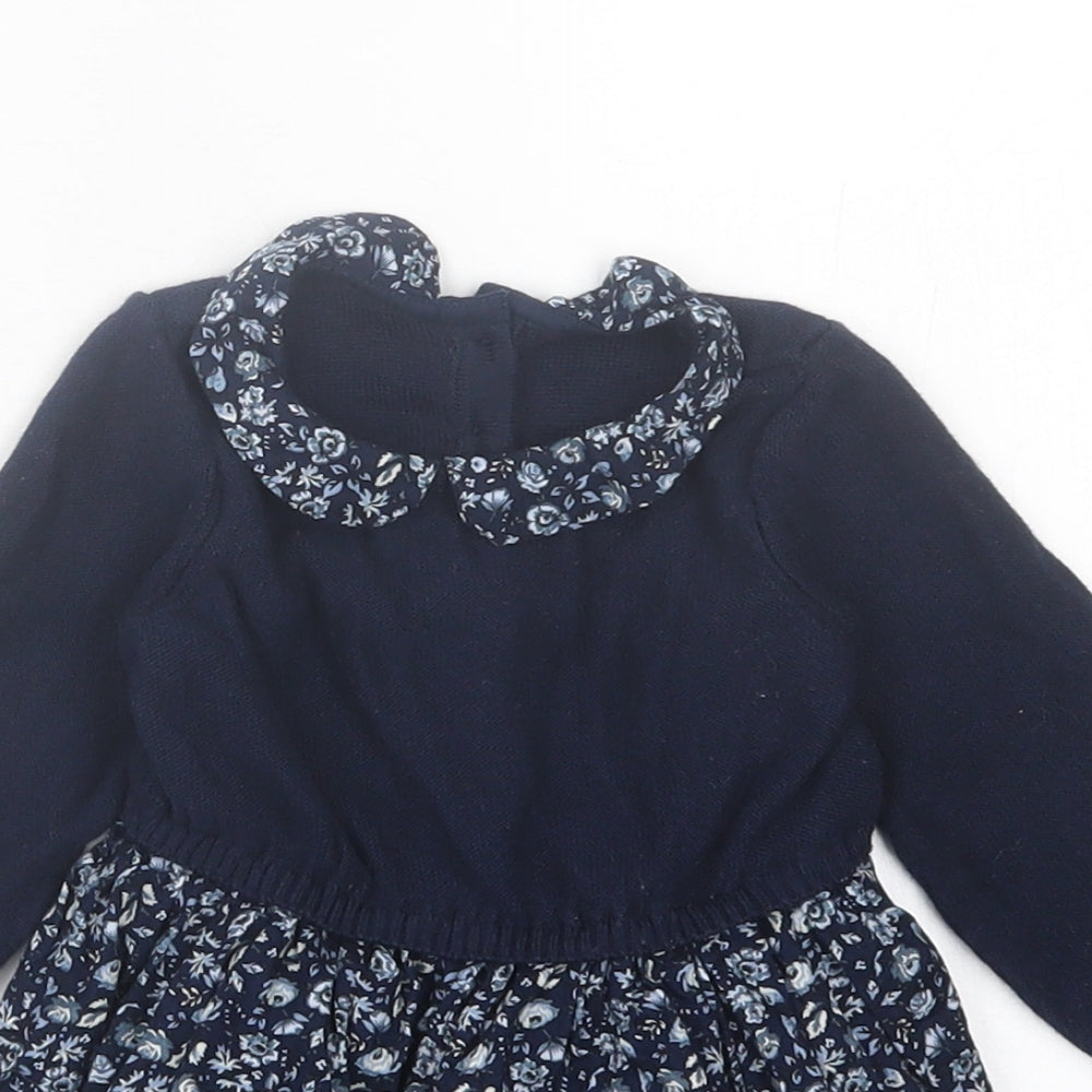 TU Girls Blue Floral Cotton A-Line  Size 3-6 Months  Collared Button