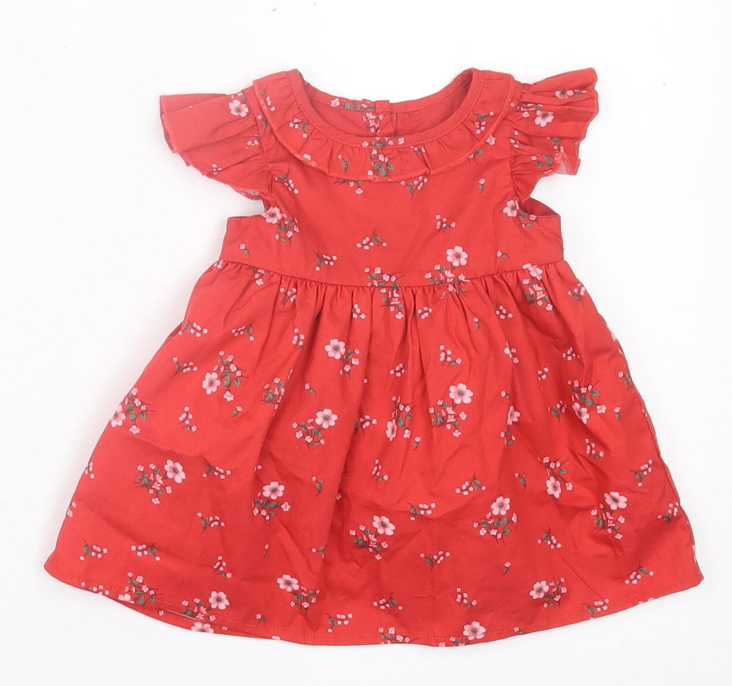 Dunnes Stores Girls Red Floral Cotton A-Line  Size 0-3 Months  Crew Neck Button