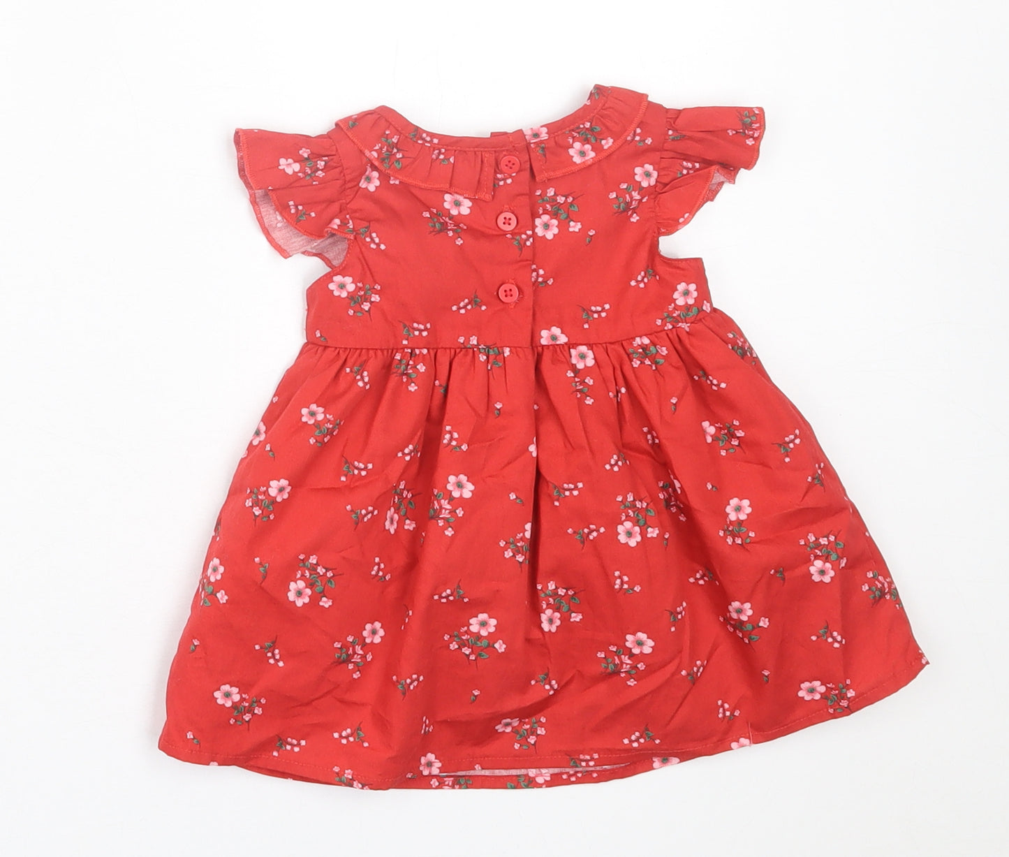 Dunnes Stores Girls Red Floral Cotton A-Line  Size 0-3 Months  Crew Neck Button