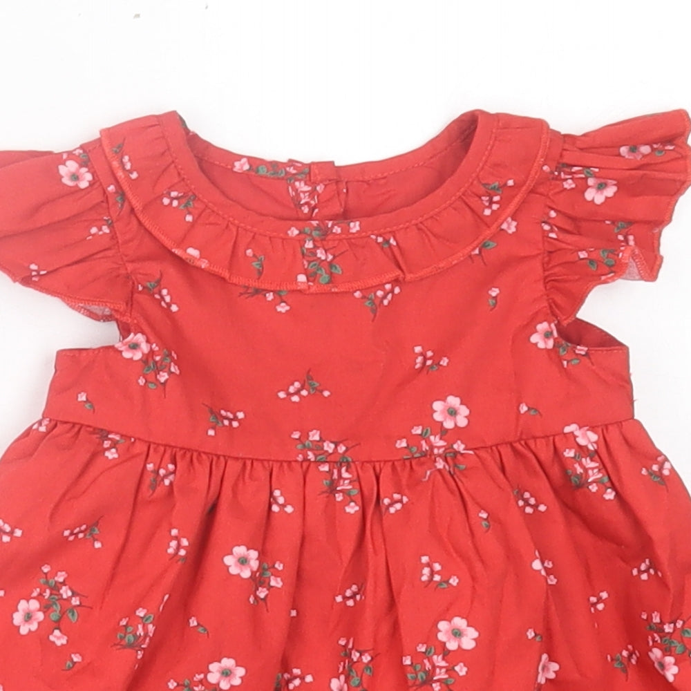 Dunnes Stores Girls Red Floral Cotton A-Line  Size 0-3 Months  Crew Neck Button