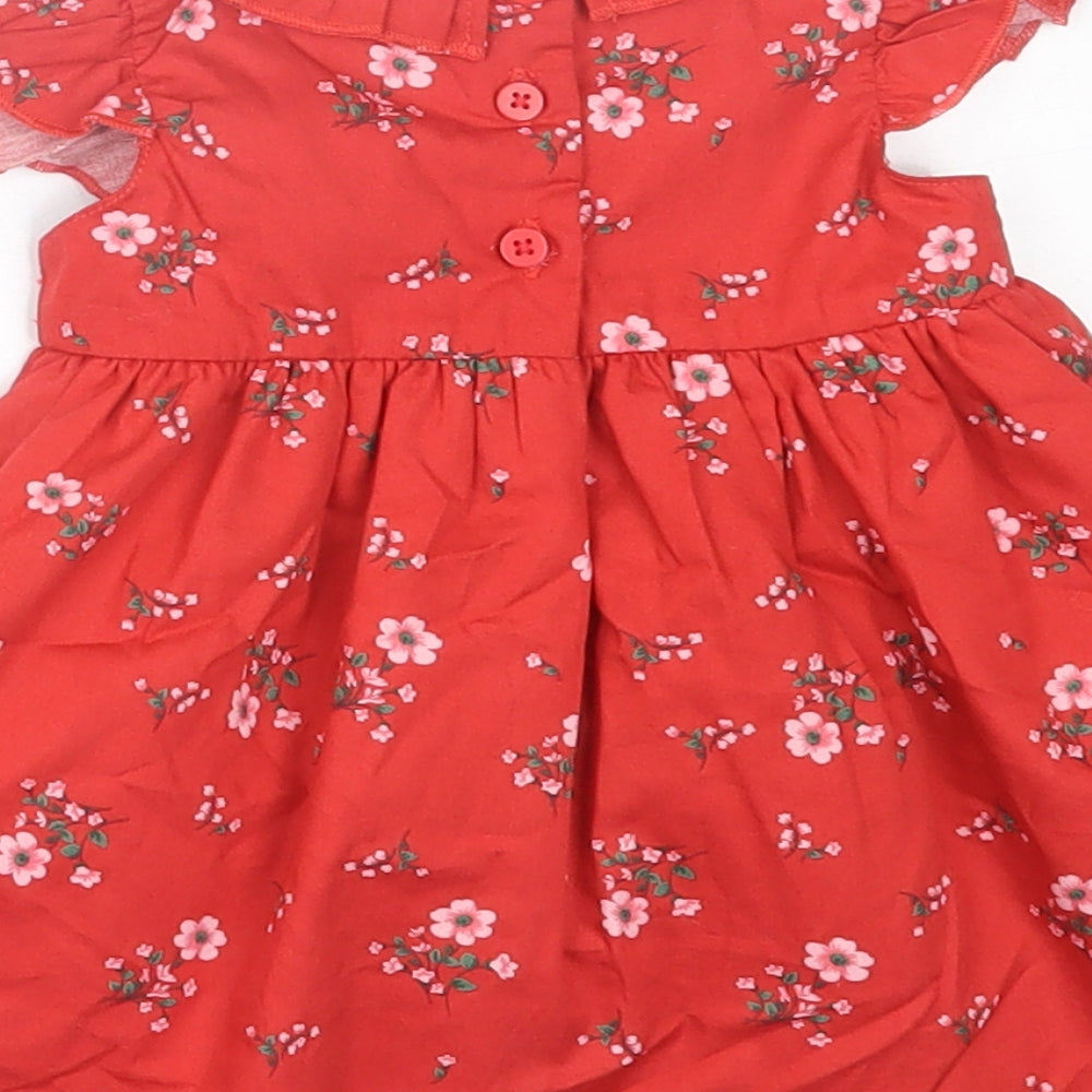 Dunnes Stores Girls Red Floral Cotton A-Line  Size 0-3 Months  Crew Neck Button