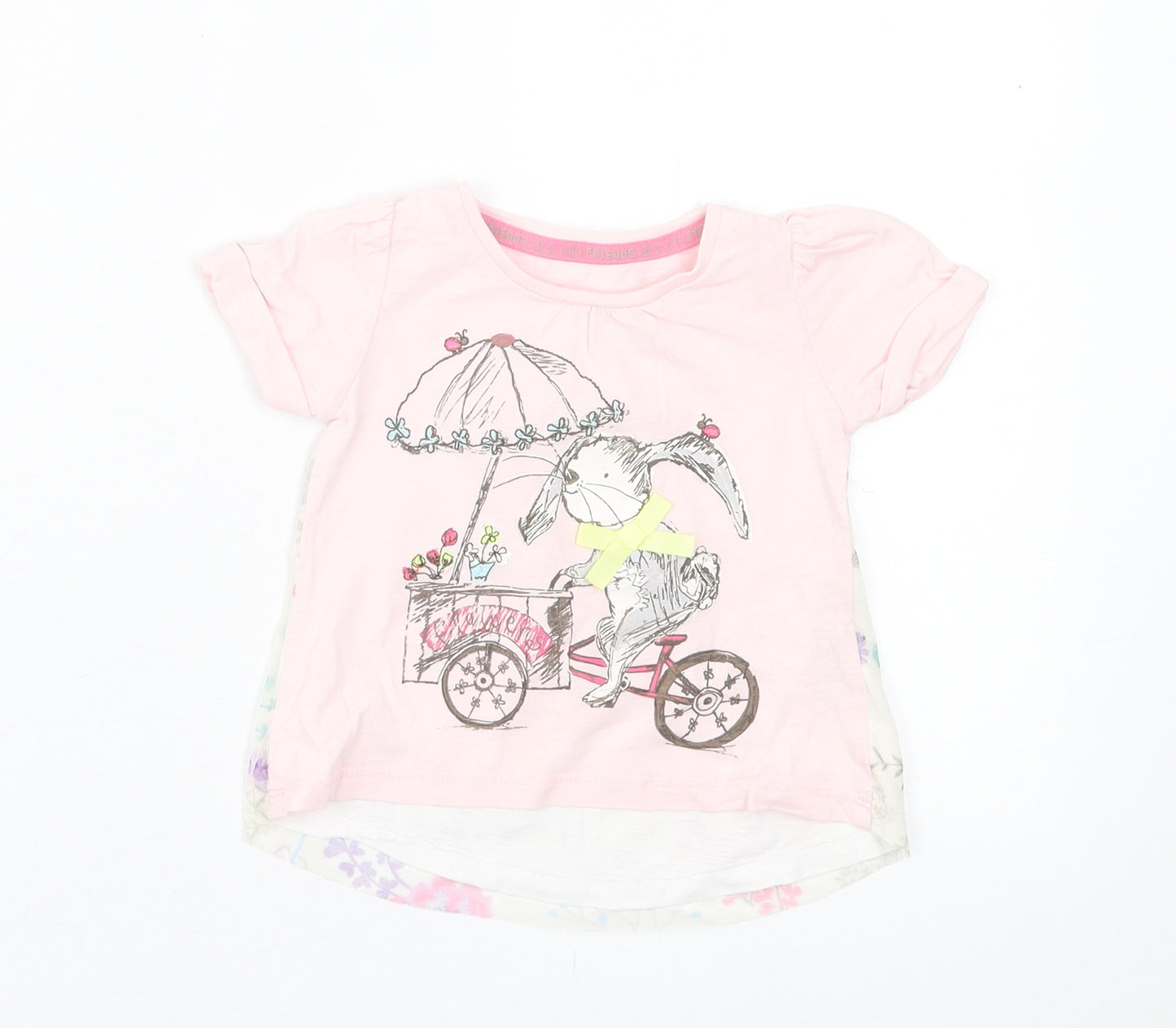 Dunnes Stores Girls Pink Floral Cotton Basic T-Shirt Size 9-12 Months Crew Neck Pullover