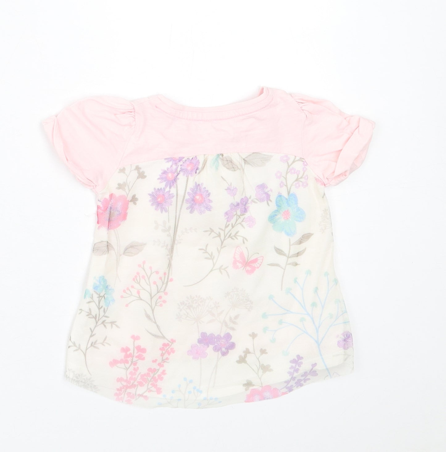Dunnes Stores Girls Pink Floral Cotton Basic T-Shirt Size 9-12 Months Crew Neck Pullover
