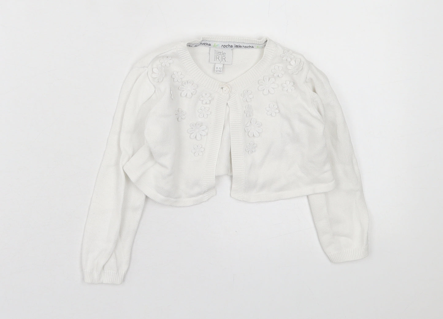 Rocha Little Rocha Girls White Floral Cotton Cardigan Jumper Size 9-12 Months  Button