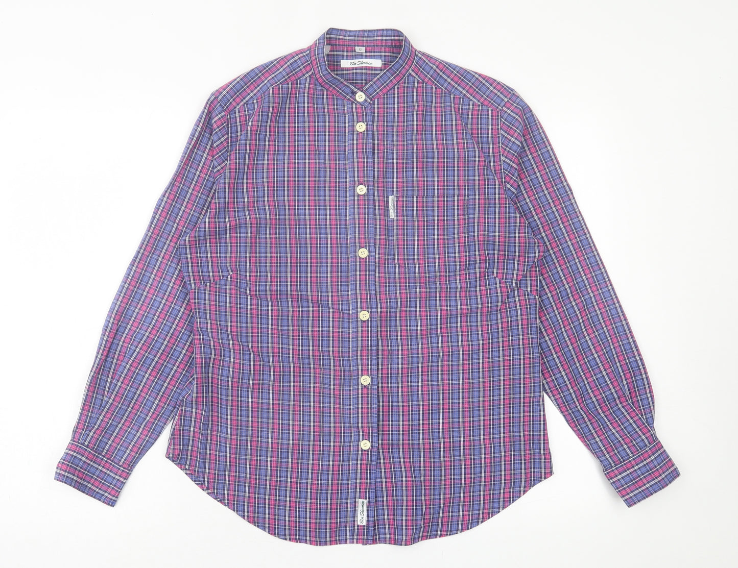 Ben Sherman Womens Purple Plaid Polyester Basic Button-Up Size 12 Crew Neck
