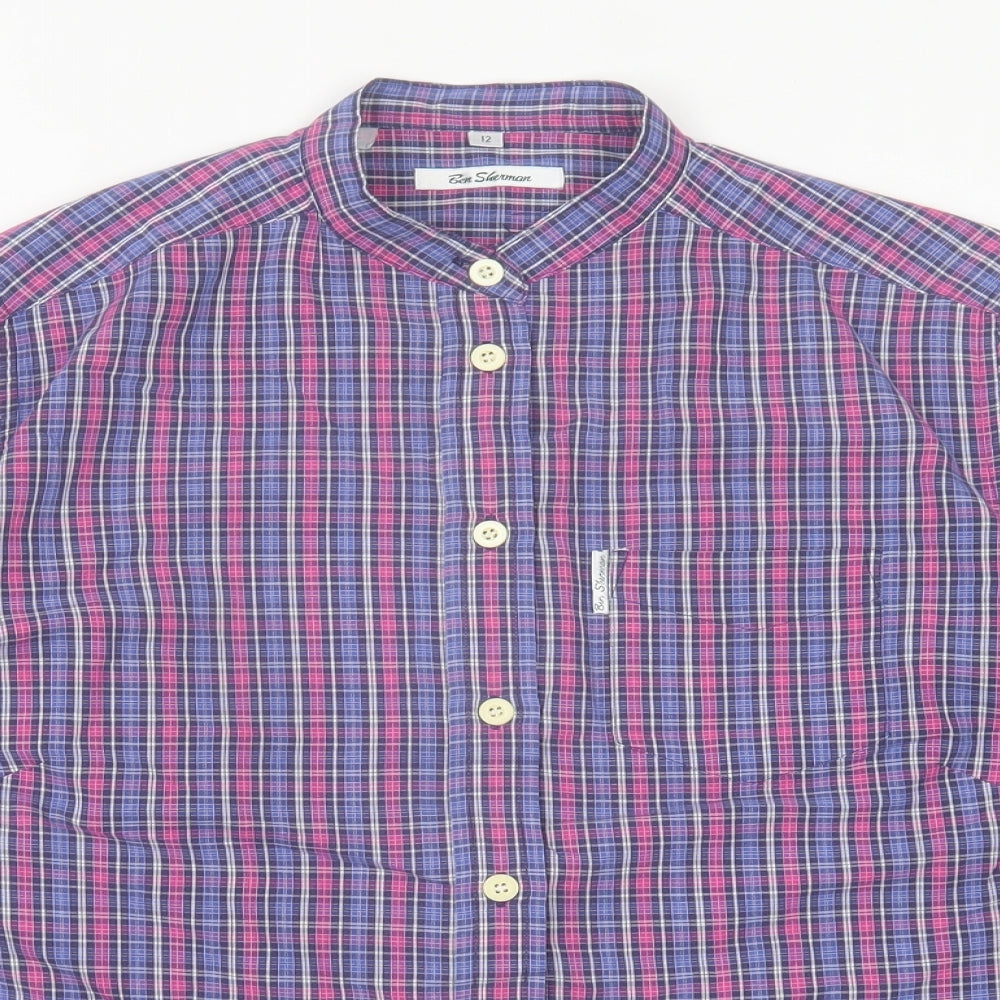 Ben Sherman Womens Purple Plaid Polyester Basic Button-Up Size 12 Crew Neck