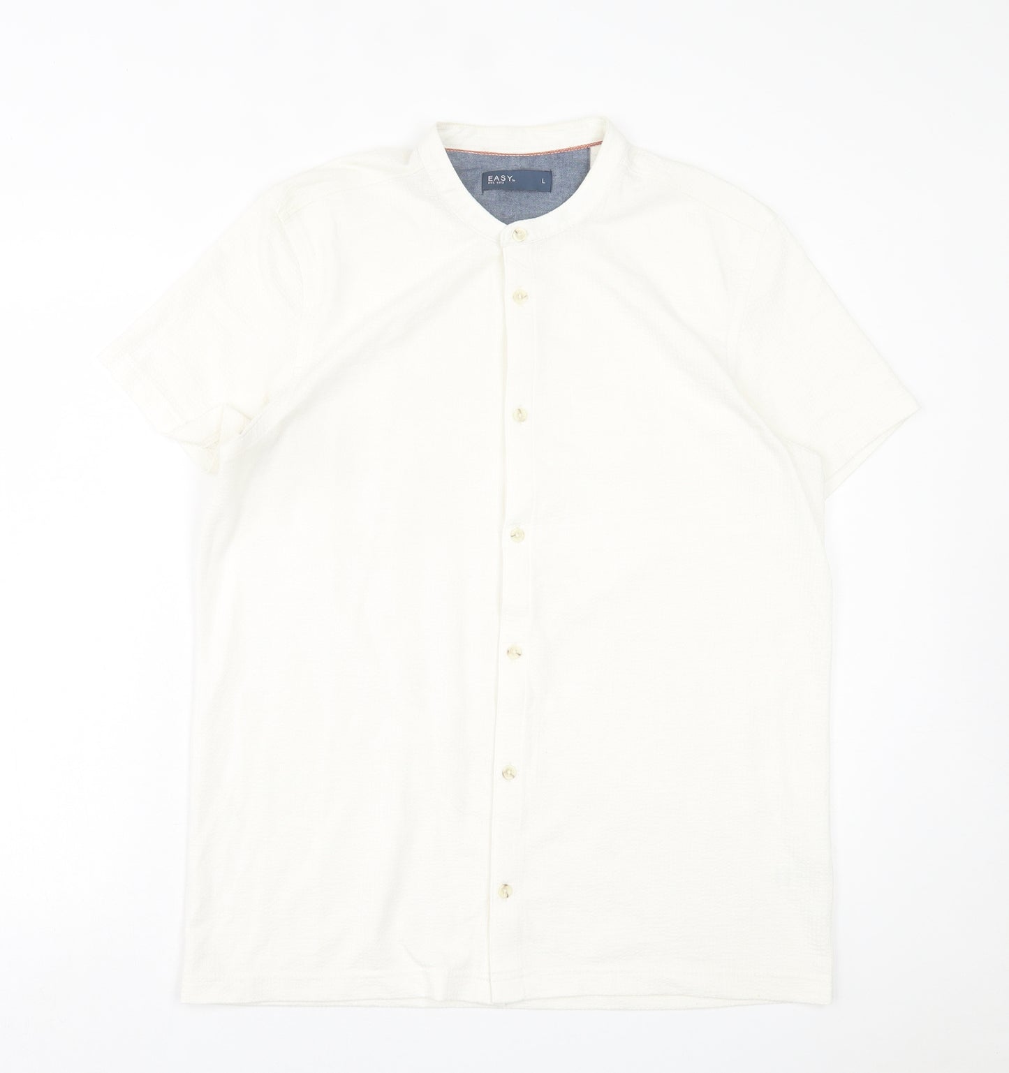 Easy Mens White  Cotton  Button-Up Size L Crew Neck Button