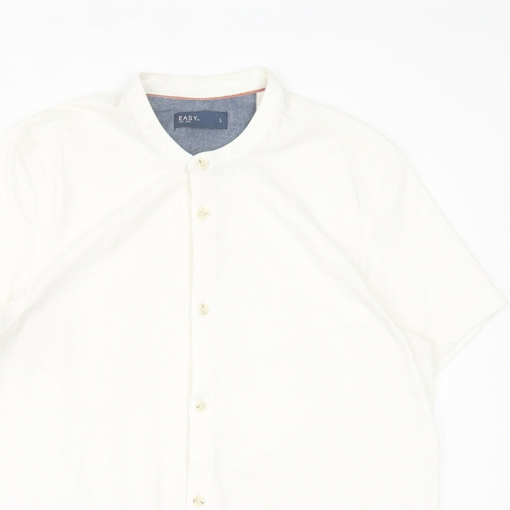 Easy Mens White  Cotton  Button-Up Size L Crew Neck Button