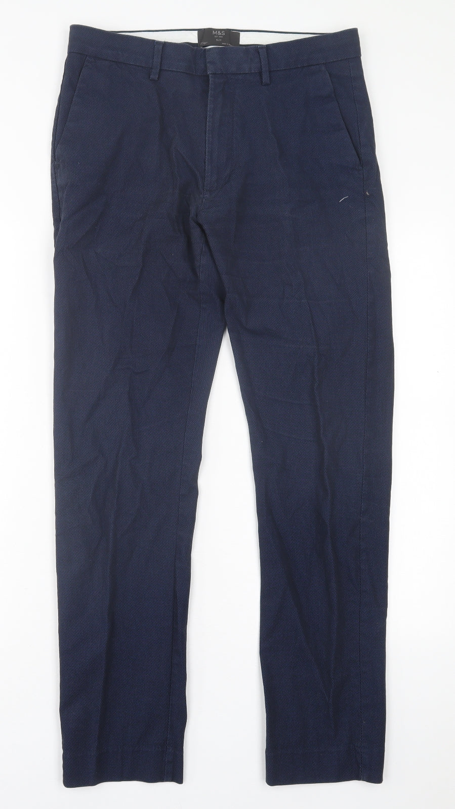 Marks and Spencer Mens Blue  Cotton Trousers  Size 30 in L31 in Slim Hook & Eye