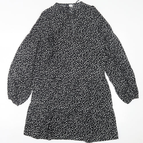 H&M Womens Black Floral Polyester A-Line  Size XS  Crew Neck Tie
