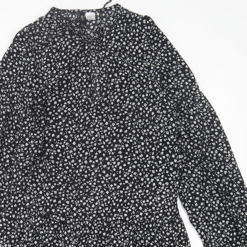 H&M Womens Black Floral Polyester A-Line  Size XS  Crew Neck Tie