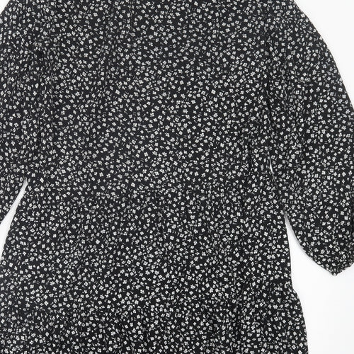 H&M Womens Black Floral Polyester A-Line  Size XS  Crew Neck Tie
