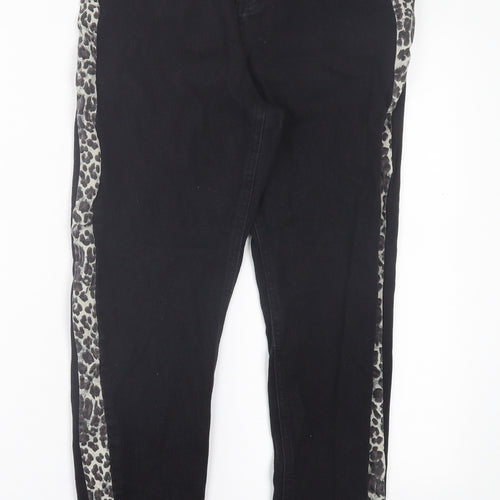 PRETTYLITTLETHING Womens Black Animal Print Cotton Straight Jeans Size 8 L27 in Regular Button