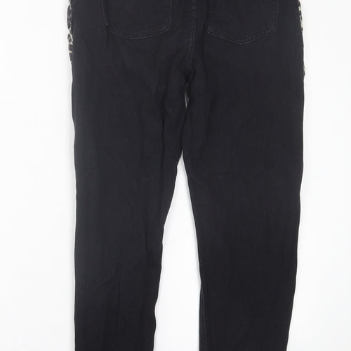 PRETTYLITTLETHING Womens Black Animal Print Cotton Straight Jeans Size 8 L27 in Regular Button