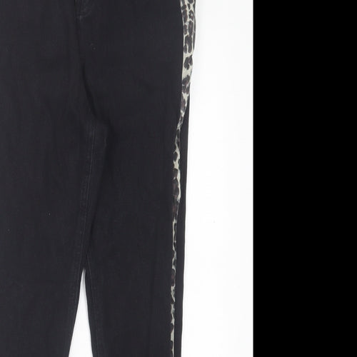 PRETTYLITTLETHING Womens Black Animal Print Cotton Straight Jeans Size 8 L27 in Regular Button
