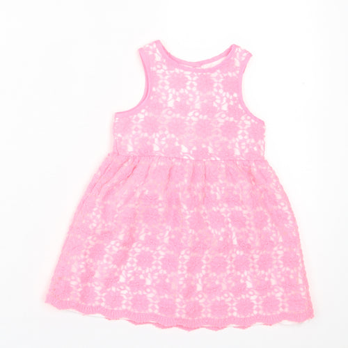 Young Dimension Girls Pink Floral Polyester A-Line  Size 9-12 Months  Crew Neck Button