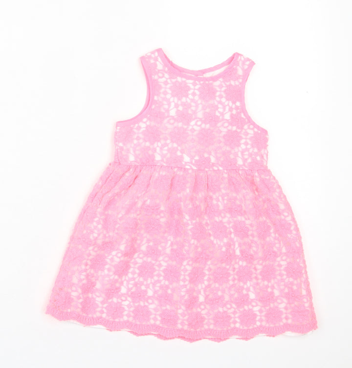 Young Dimension Girls Pink Floral Polyester A-Line Size 9-12 Months Crew Neck Button