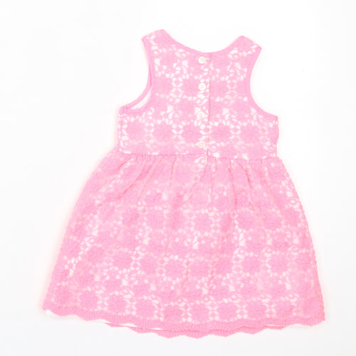 Young Dimension Girls Pink Floral Polyester A-Line  Size 9-12 Months  Crew Neck Button