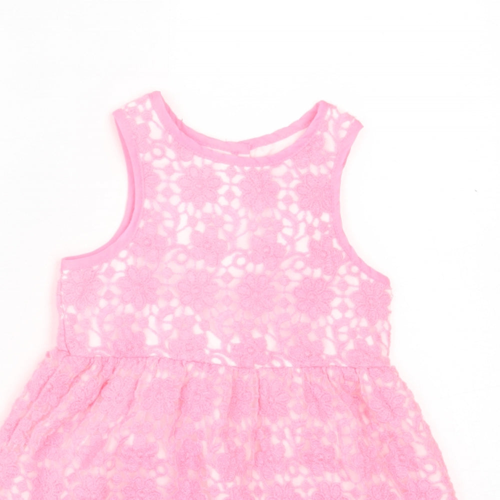 Young Dimension Girls Pink Floral Polyester A-Line  Size 9-12 Months  Crew Neck Button