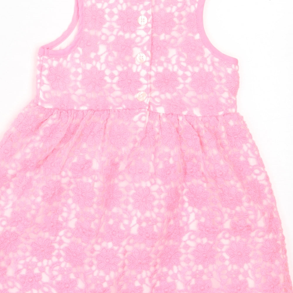 Young Dimension Girls Pink Floral Polyester A-Line  Size 9-12 Months  Crew Neck Button
