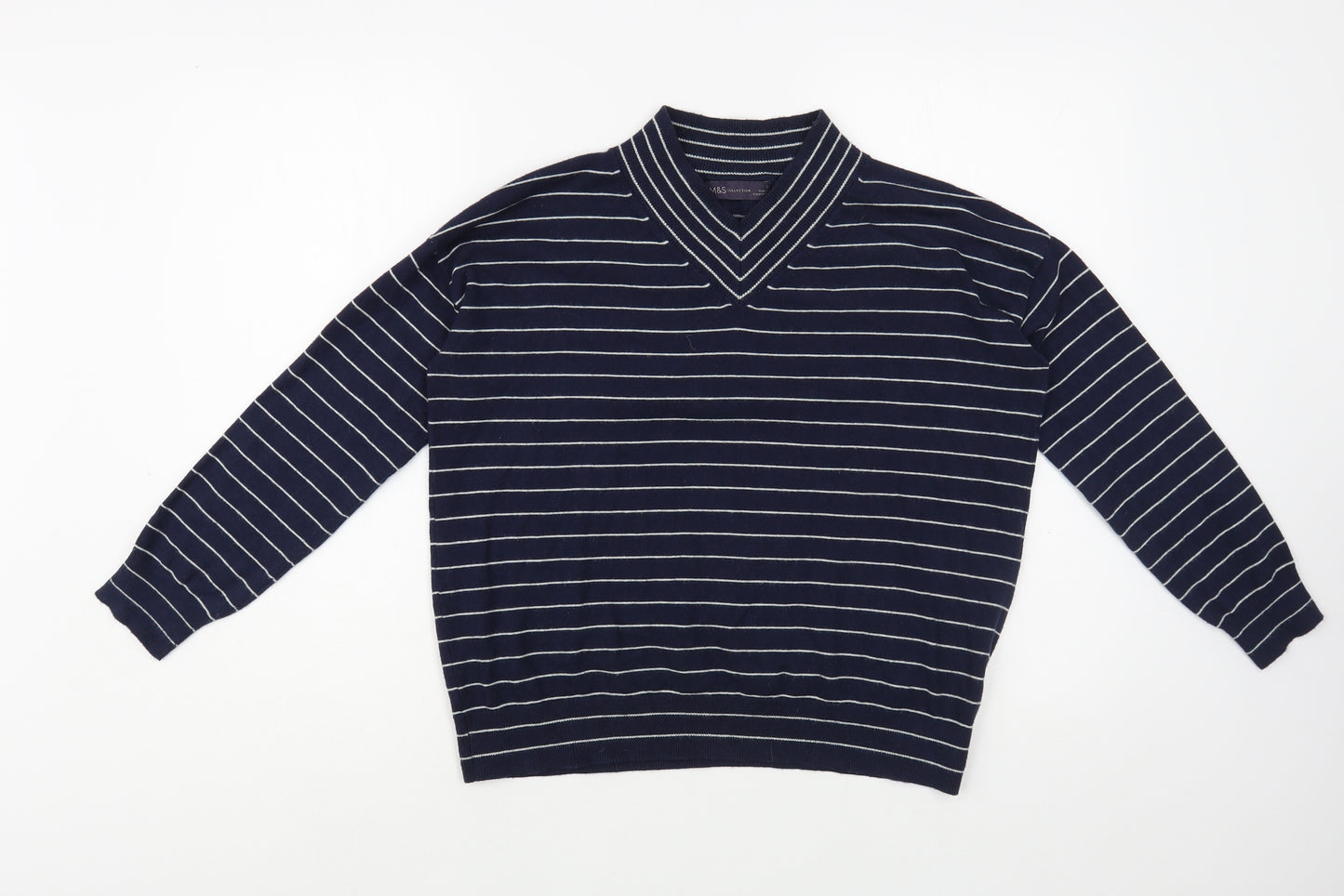Marks and Spencer Womens Blue V-Neck Striped Viscose Pullover Jumper Size S