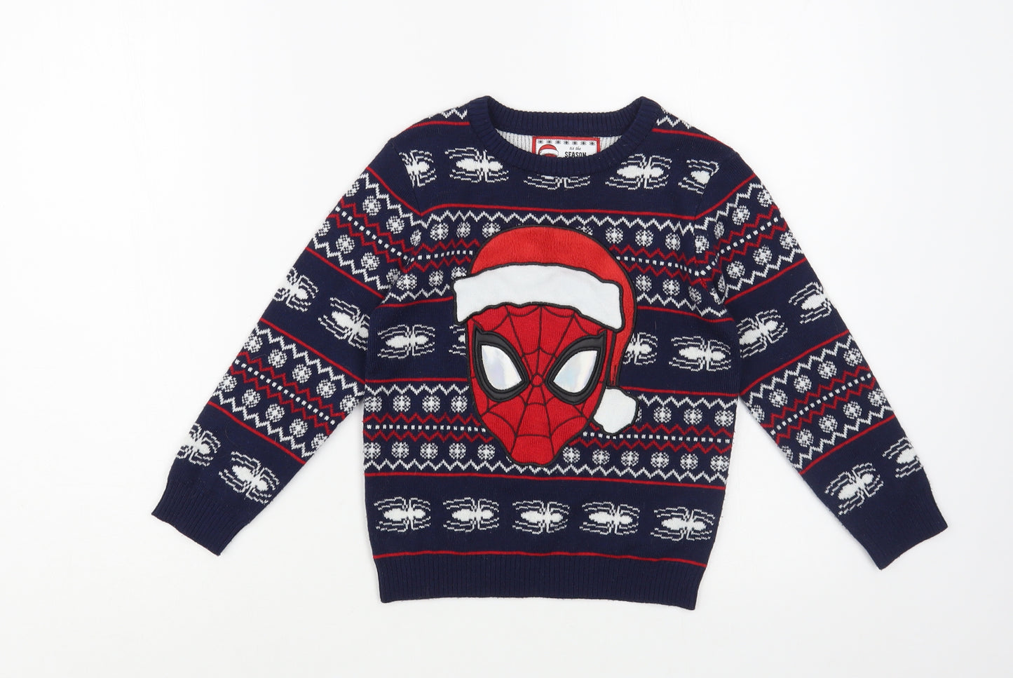F&F Boys Blue Crew Neck Fair Isle Acrylic Pullover Jumper Size 5-6 Years  Pullover - Spider-Man Christmas