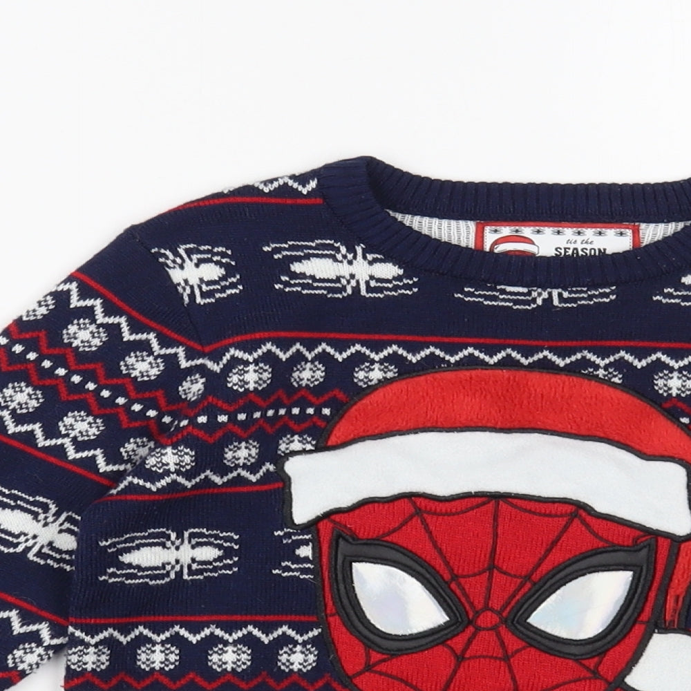F&F Boys Blue Crew Neck Fair Isle Acrylic Pullover Jumper Size 5-6 Years  Pullover - Spider-Man Christmas