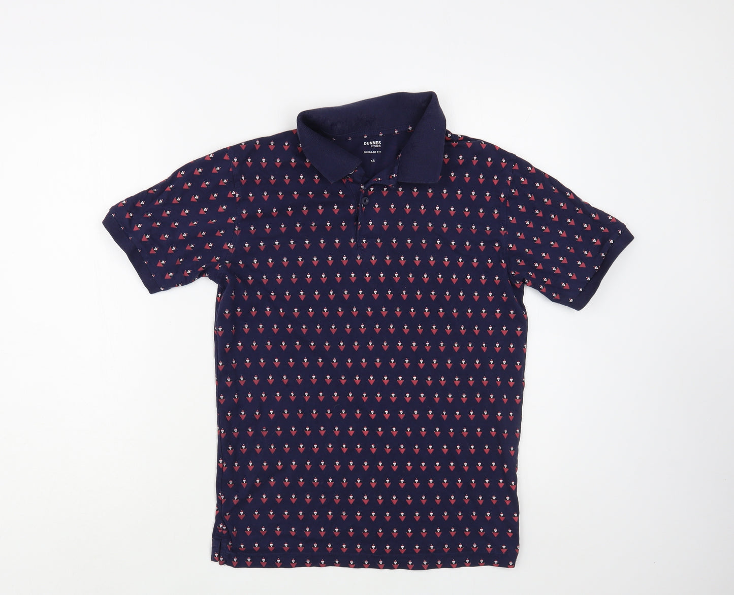 Dunnes Stores Mens Blue Geometric Cotton  Polo Size XS Collared Button - Santa Pattern