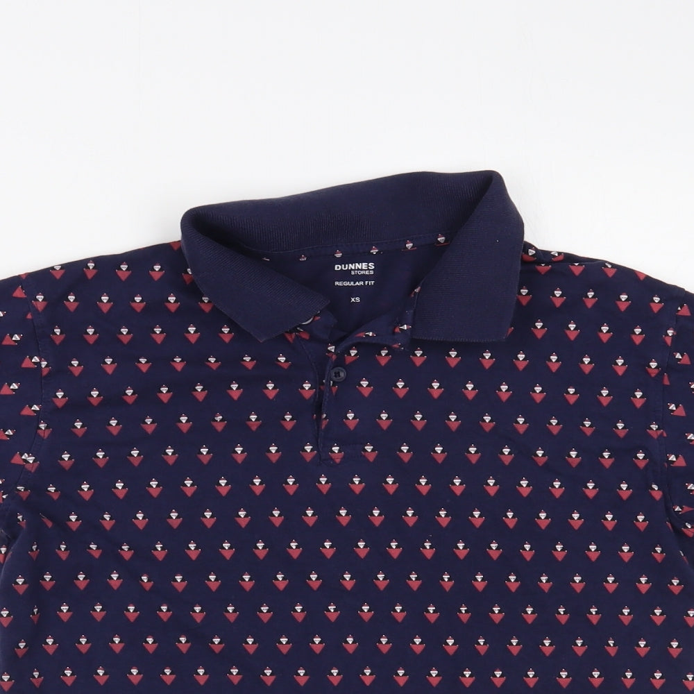 Dunnes Stores Mens Blue Geometric Cotton  Polo Size XS Collared Button - Santa Pattern