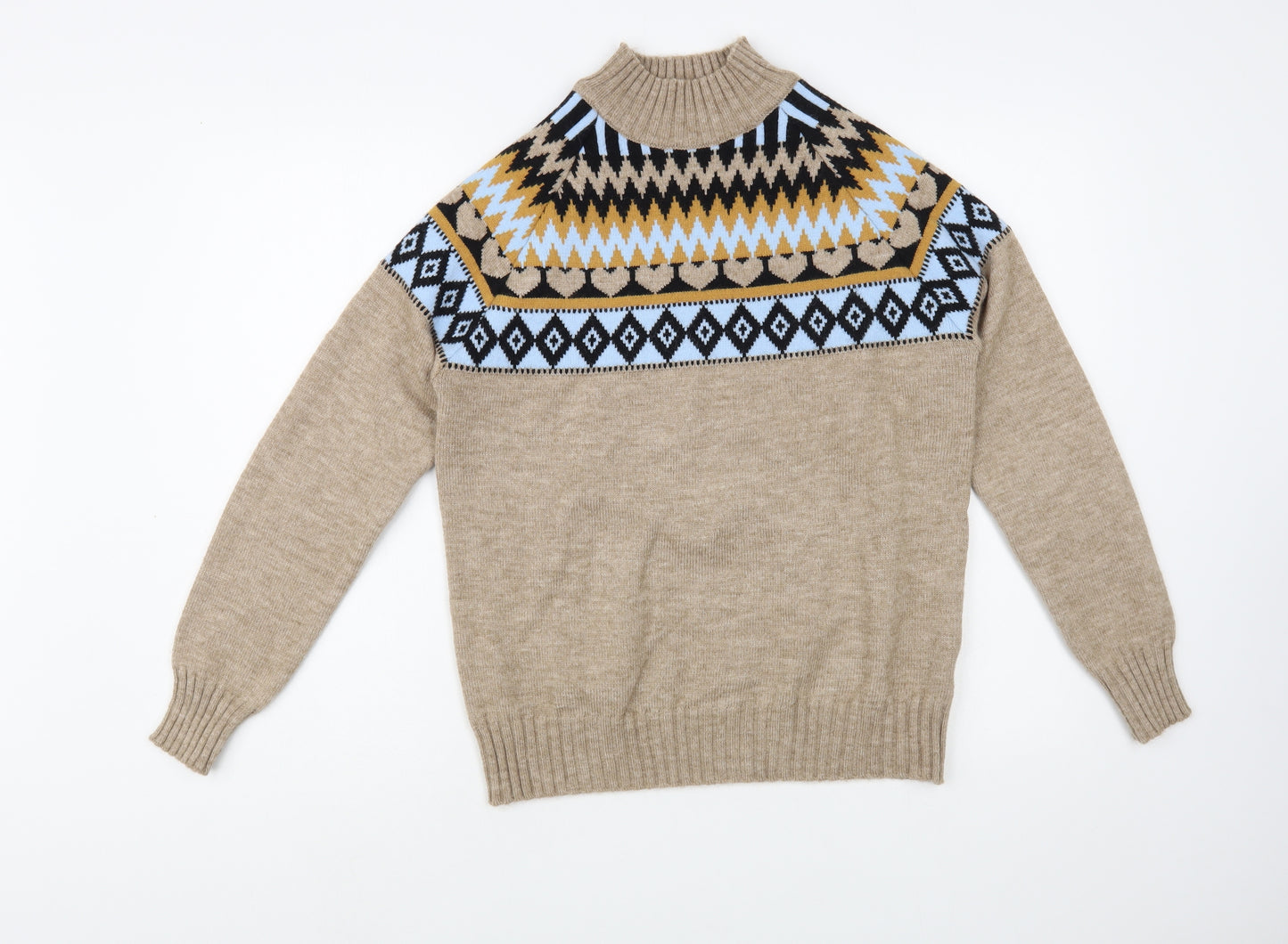 SheIn Womens Beige Mock Neck Fair Isle Cotton Pullover Jumper Size M