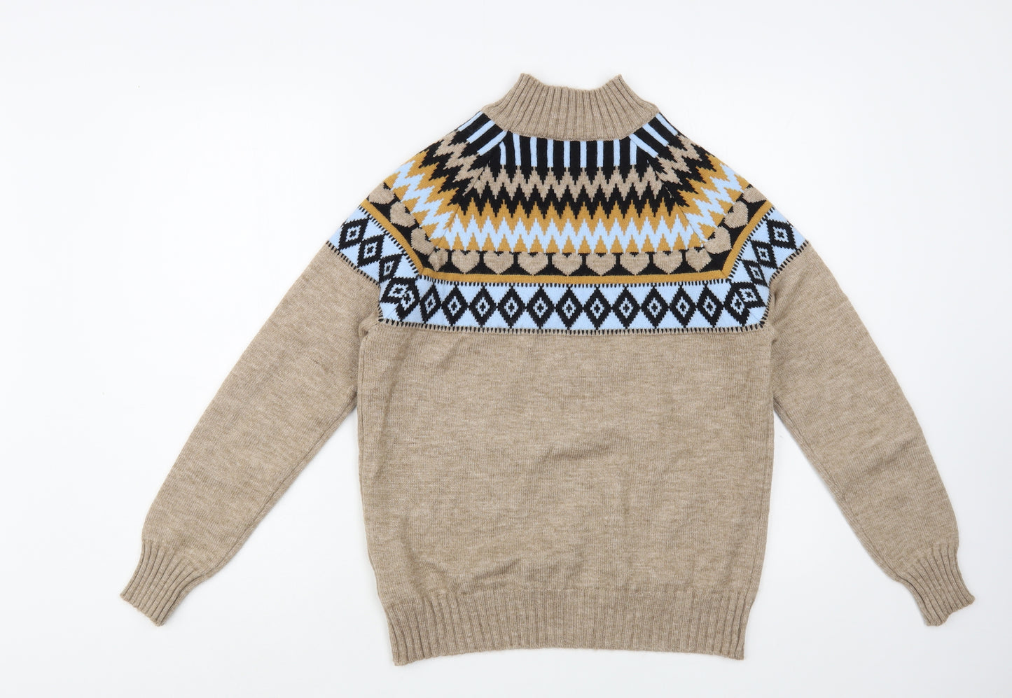 SheIn Womens Beige Mock Neck Fair Isle Cotton Pullover Jumper Size M