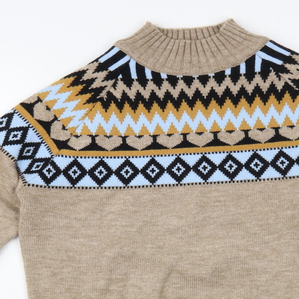 SheIn Womens Beige Mock Neck Fair Isle Cotton Pullover Jumper Size M