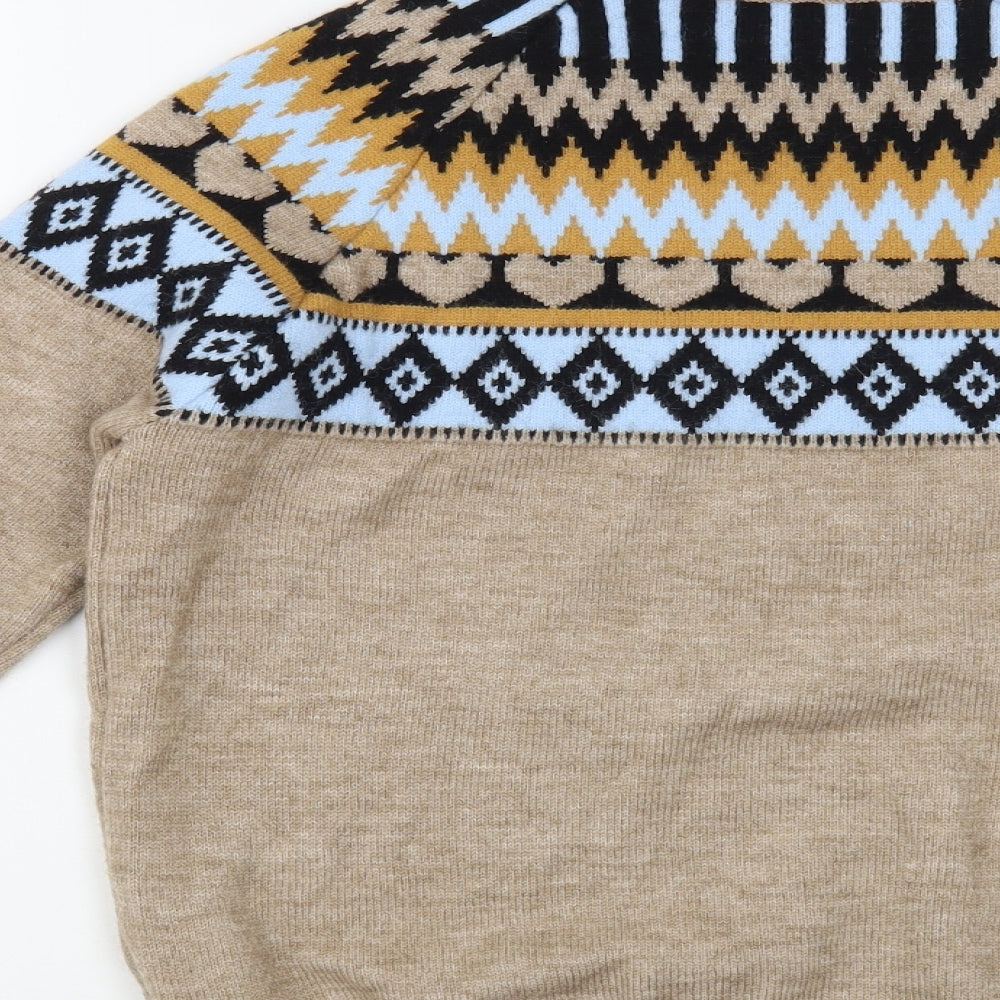 SheIn Womens Beige Mock Neck Fair Isle Cotton Pullover Jumper Size M