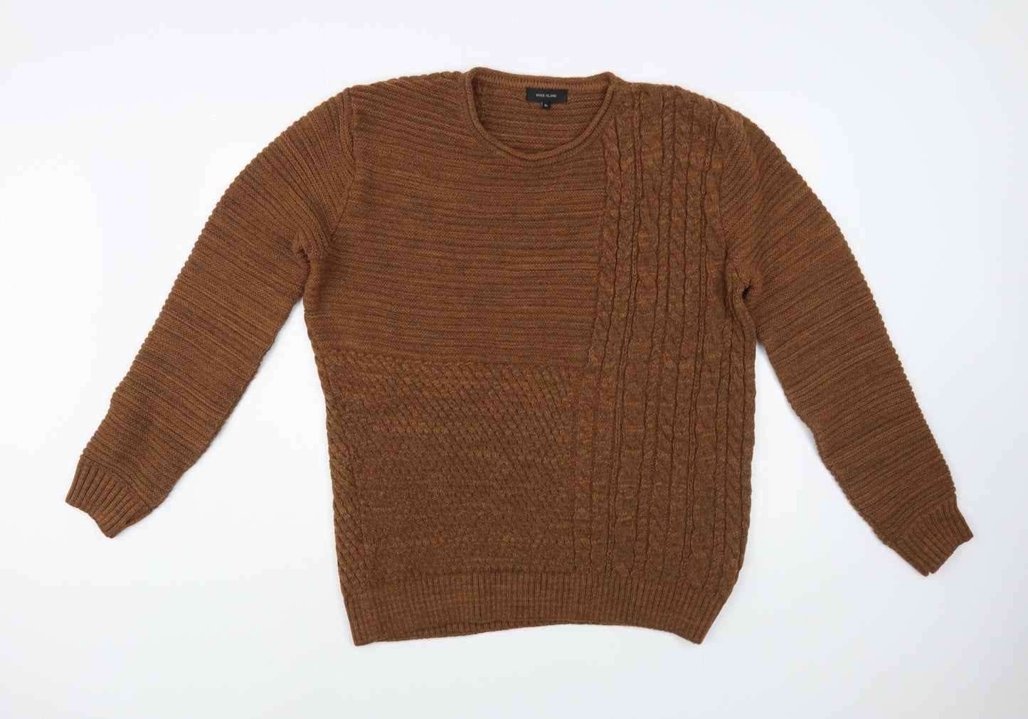 River Island Mens Brown Crew Neck  Acrylic Pullover Jumper Size XL