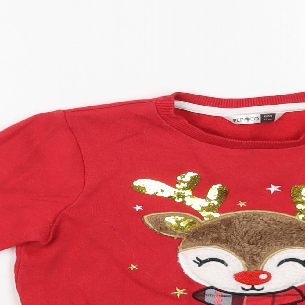 PEP & CO Girls Red  Cotton Pullover Sweatshirt Size 4-5 Years  Pullover - Rudolph Christmas