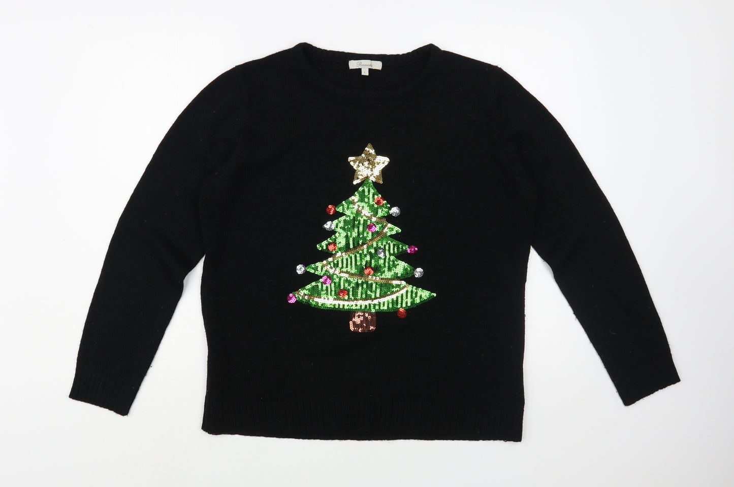 Peacocks Womens Black Crew Neck  Acrylic Pullover Jumper Size L   - Christmas Jumper