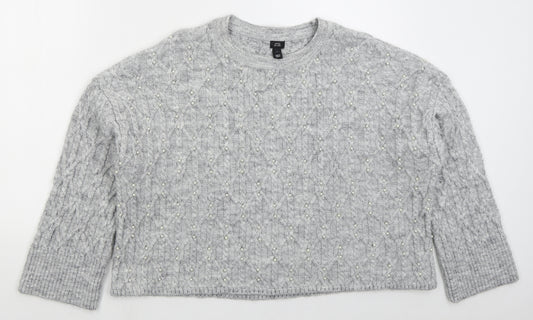 Front view of River Island women’s grey crew neck acrylic jumper, size L