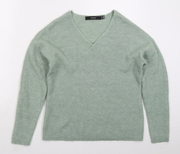 VERO MODA Womens Green V-Neck Acrylic Pullover Jumper Size XS