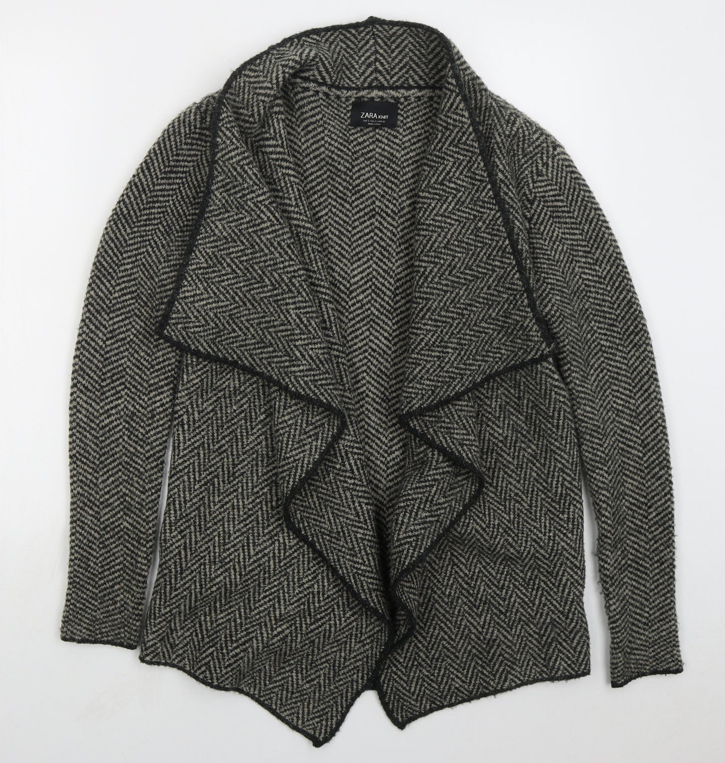 Zara Womens Grey V-Neck Herringbone Acrylic Cardigan Jumper Size S