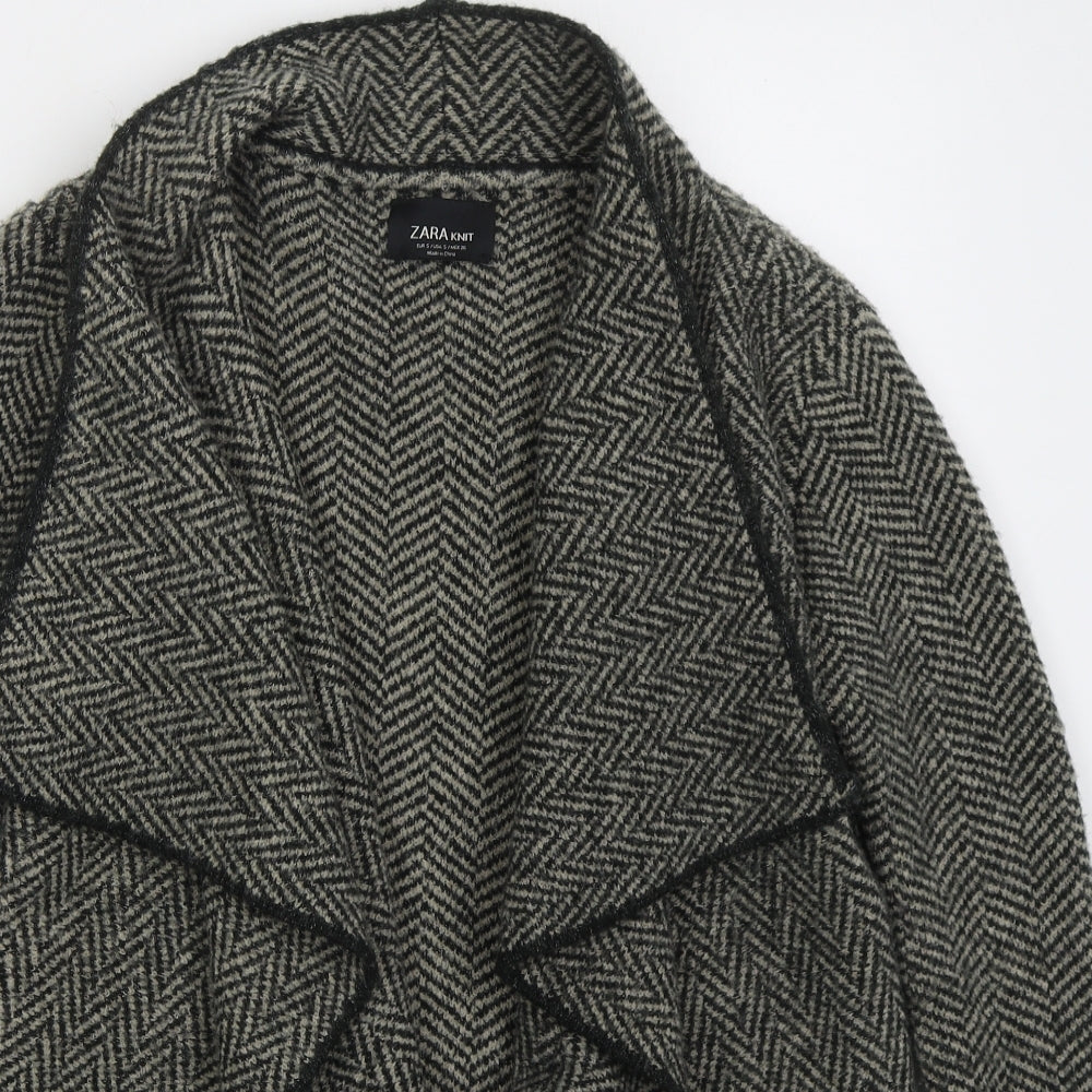 Zara Womens Grey V-Neck Herringbone Acrylic Cardigan Jumper Size S